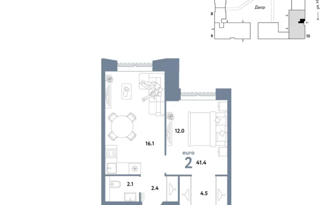 2 комн. Квартира 41.4 кв. м, Москва