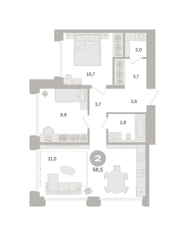 2 комн. Квартира 58.5 кв. м