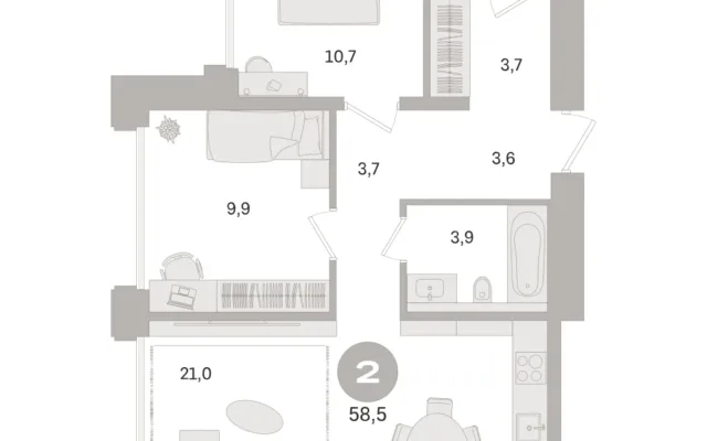 2 комн. Квартира 58.5 кв. м, Московская область Москва