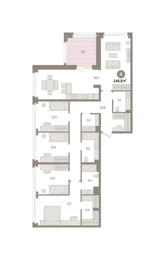4 комн. Квартира 146.8 кв. м