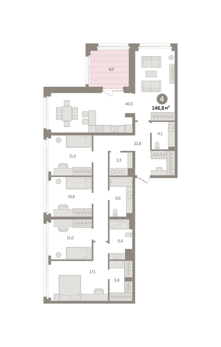 4 комн. Квартира 146.8 кв. м