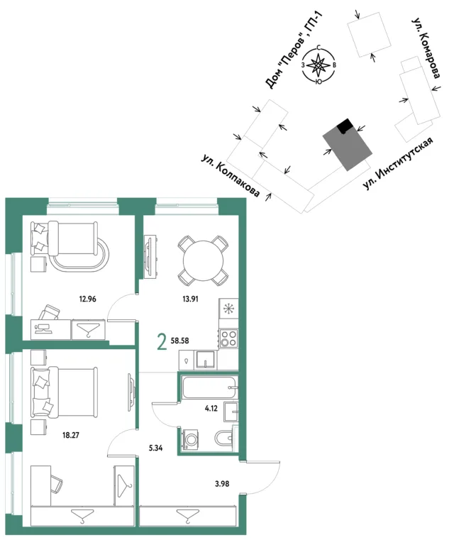 2 комн. Квартира 58.6 кв. м