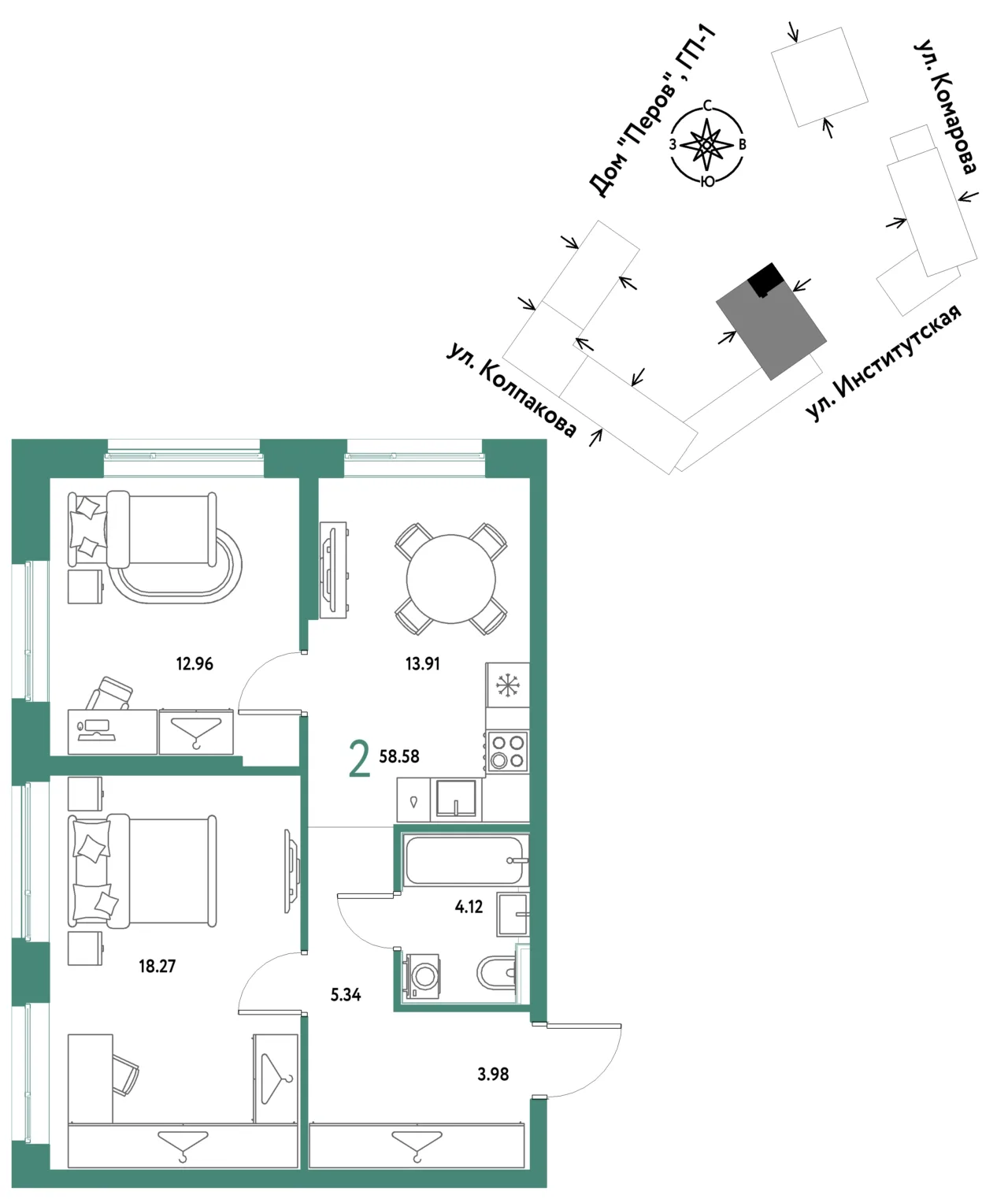 2 комн. Квартира 58.6 кв. м