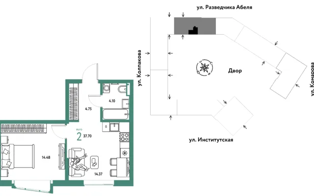 2 комн. Квартира 37.7 кв. м, Москва
