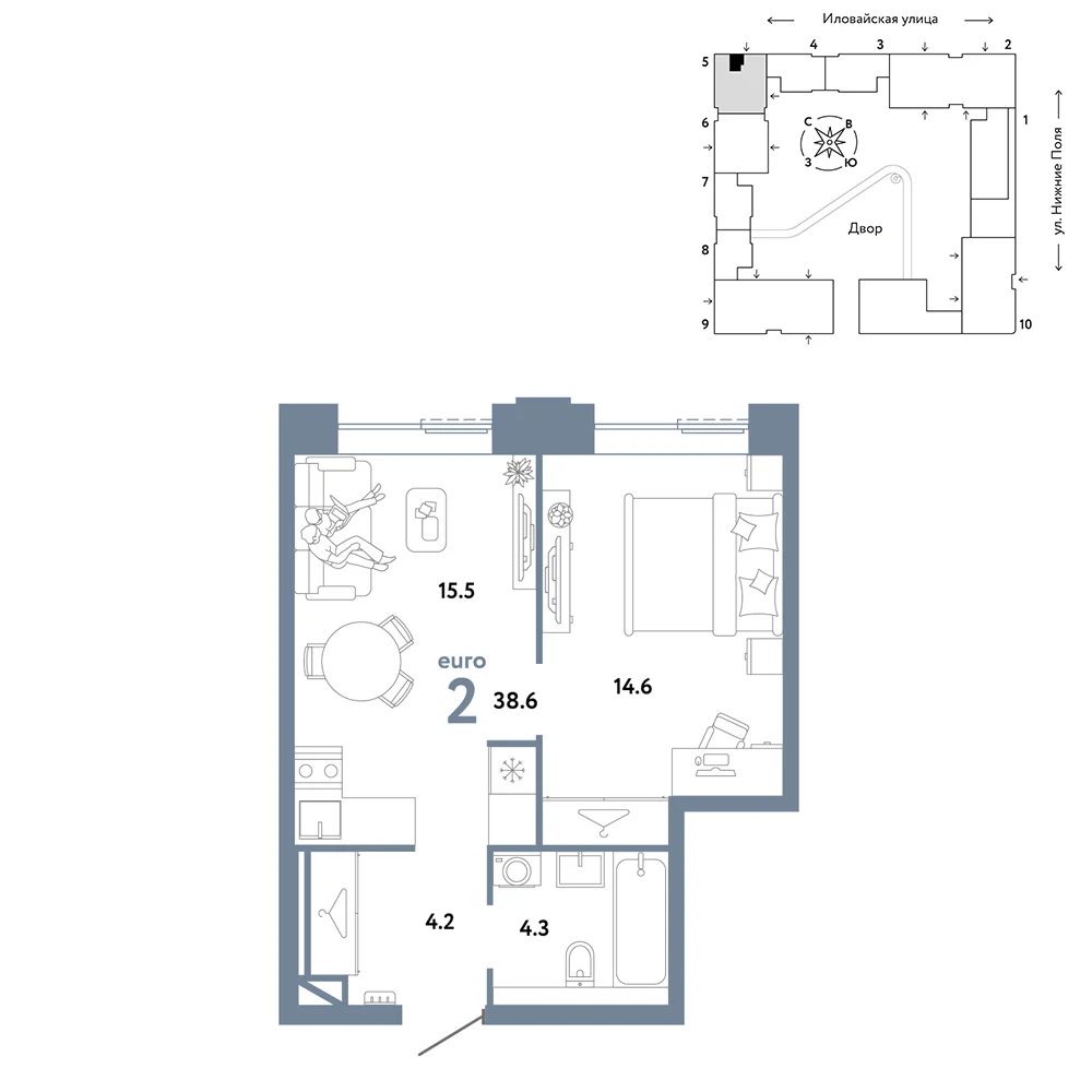 2 комн. Квартира 38.6 кв. м