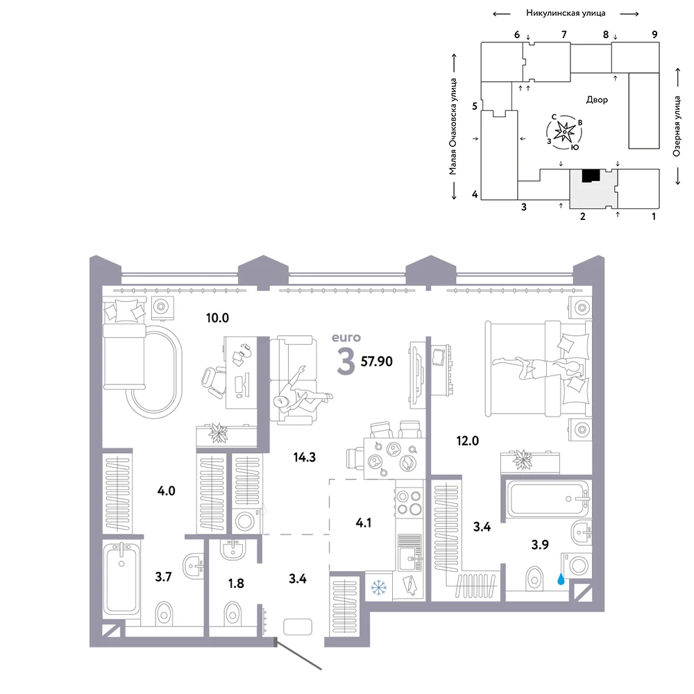 3 комн. Квартира 60.4 кв. м