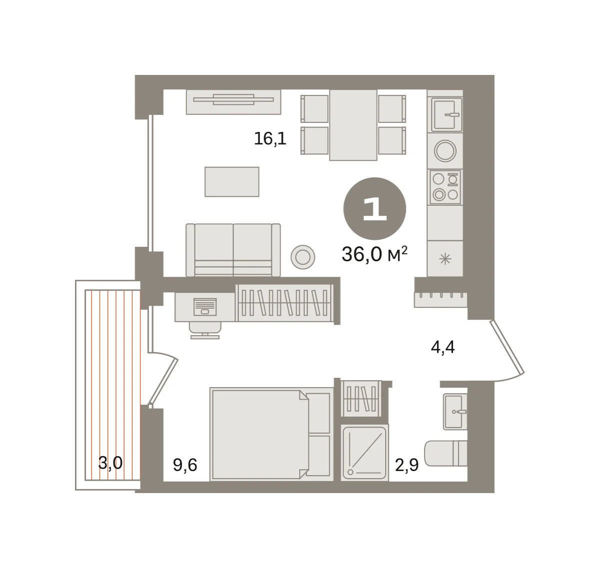 1 комн. Квартира 36 кв. м