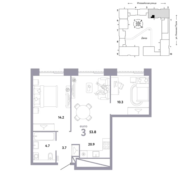 3 комн. Квартира 53.8 кв. м