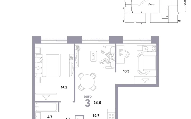 3 комн. Квартира 53.8 кв. м, Москва