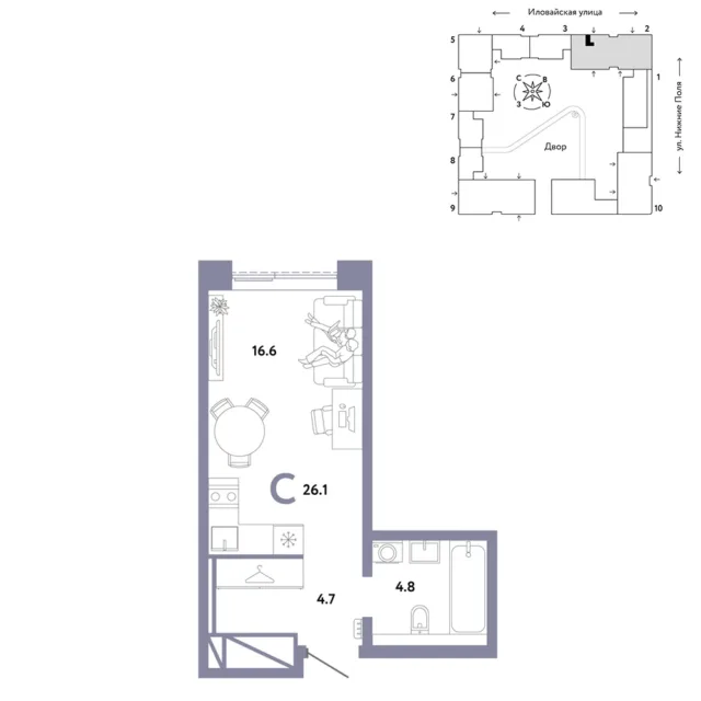 1 комн. Квартира 26.1 кв. м