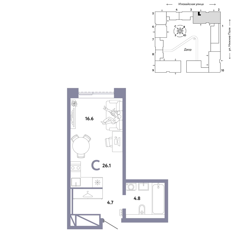 1 комн. Квартира 26.1 кв. м