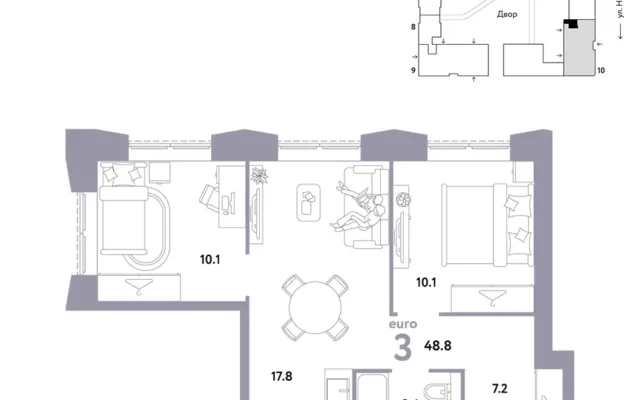 3 комн. Квартира 48.8 кв. м, Москва