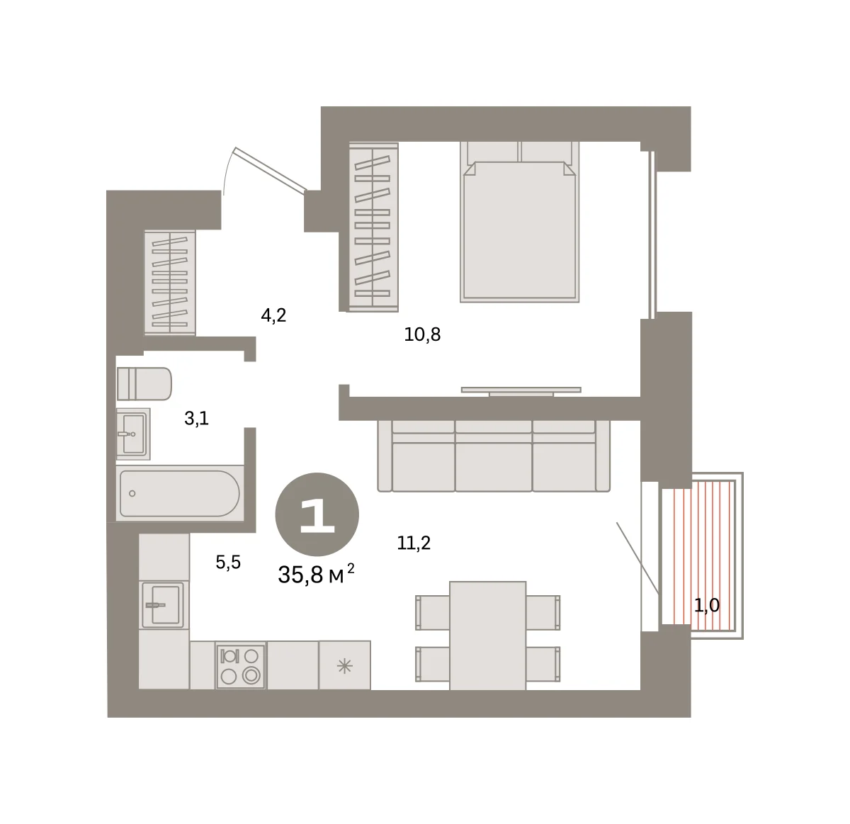 1 комн. Квартира 35.8 кв. м