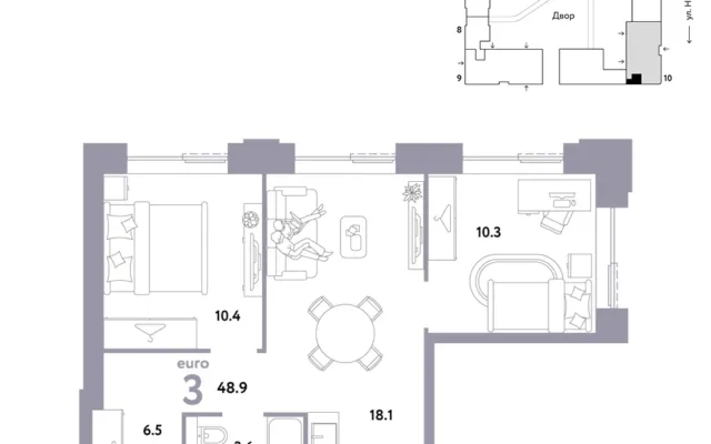 3 комн. Квартира 48.9 кв. м, Москва