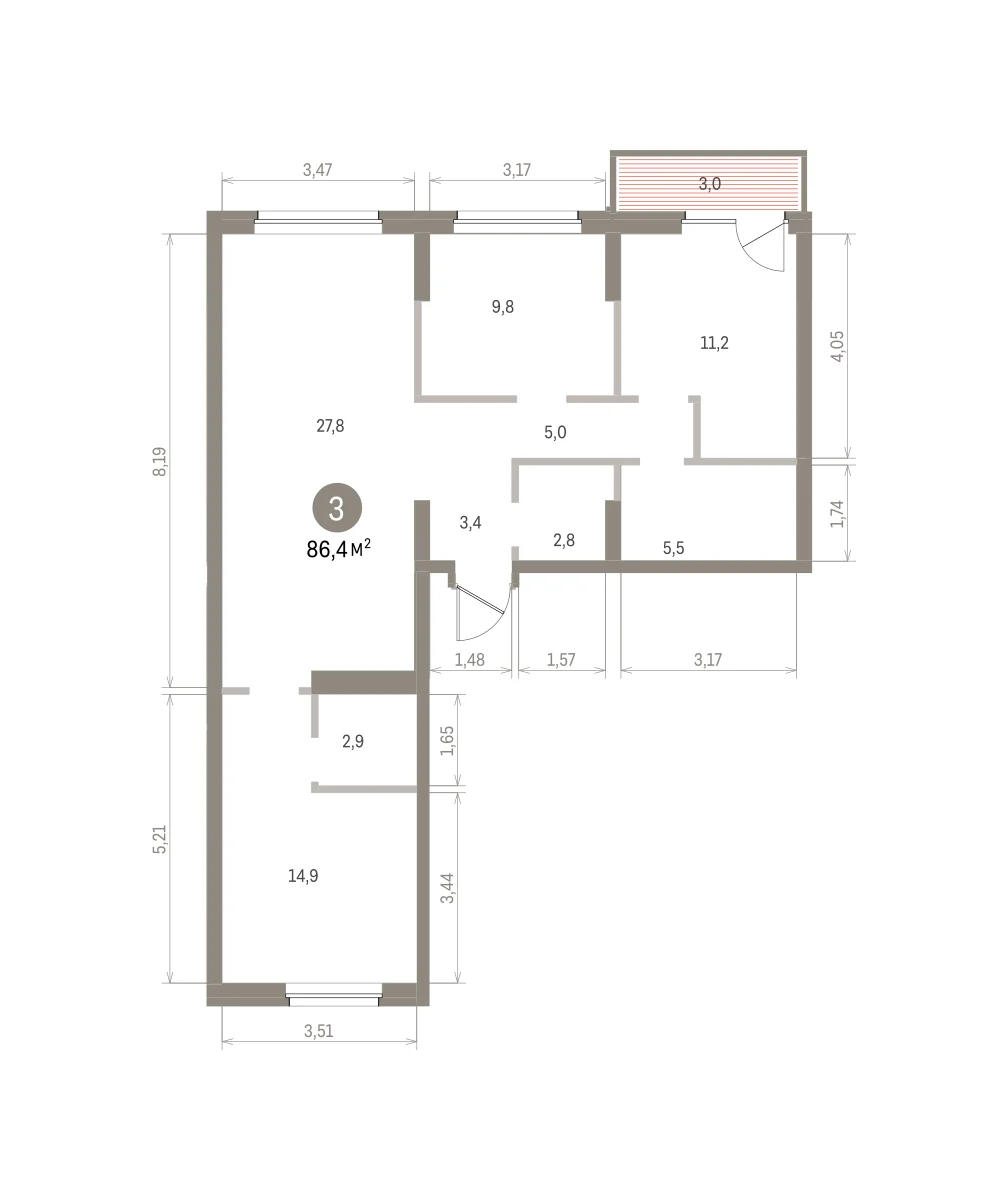 3 комн. Квартира 86.4 кв. м