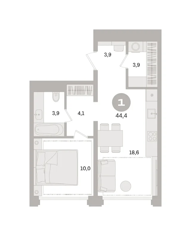 1 комн. Квартира 44.4 кв. м