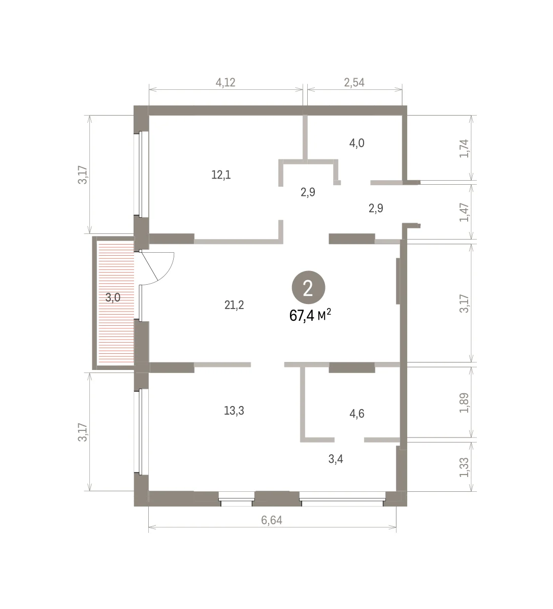 2 комн. Квартира 67.4 кв. м