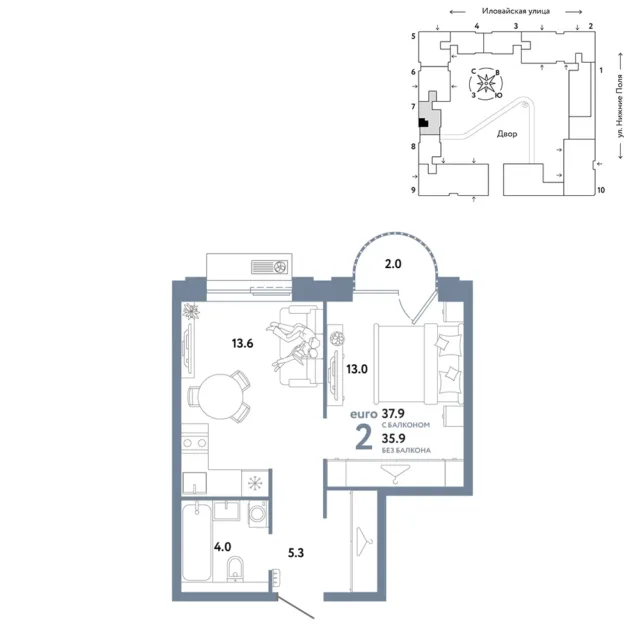2 комн. Квартира 37.9 кв. м