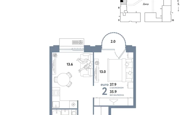 2 комн. Квартира 37.9 кв. м, Москва