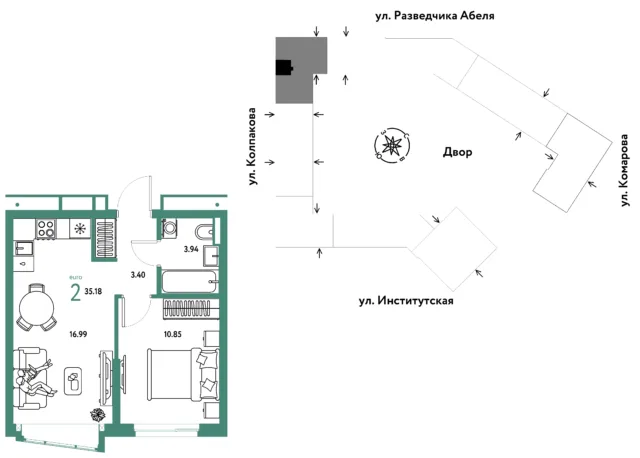 2 комн. Квартира 35.2 кв. м