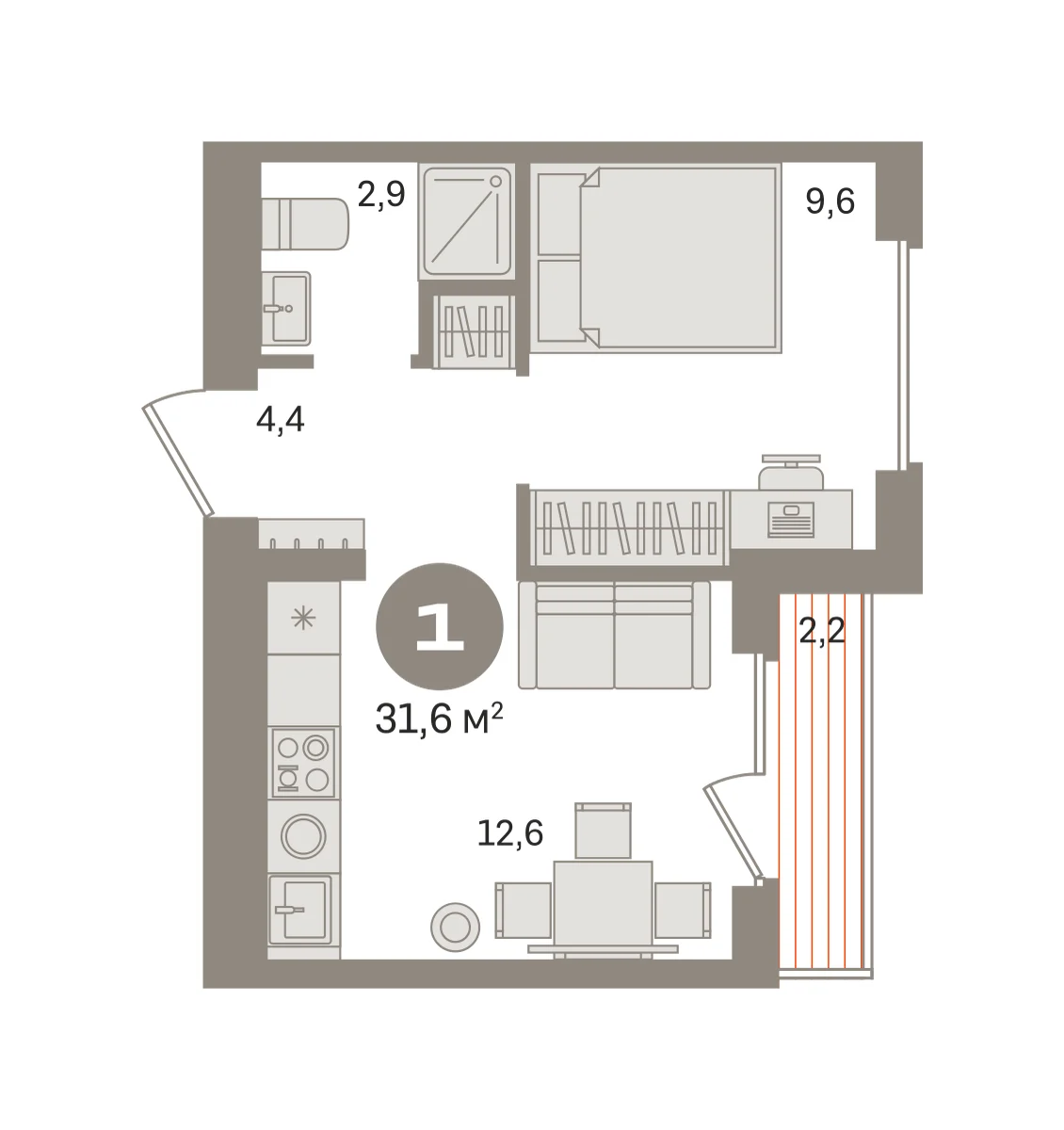 1 комн. Квартира 31.6 кв. м