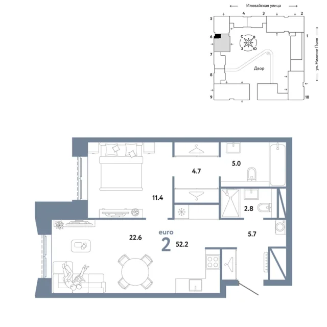 2 комн. Квартира 52.2 кв. м