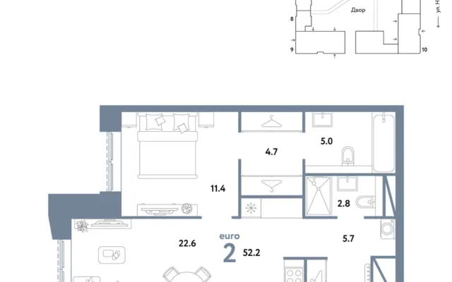 2 комн. Квартира 52.2 кв. м, Москва