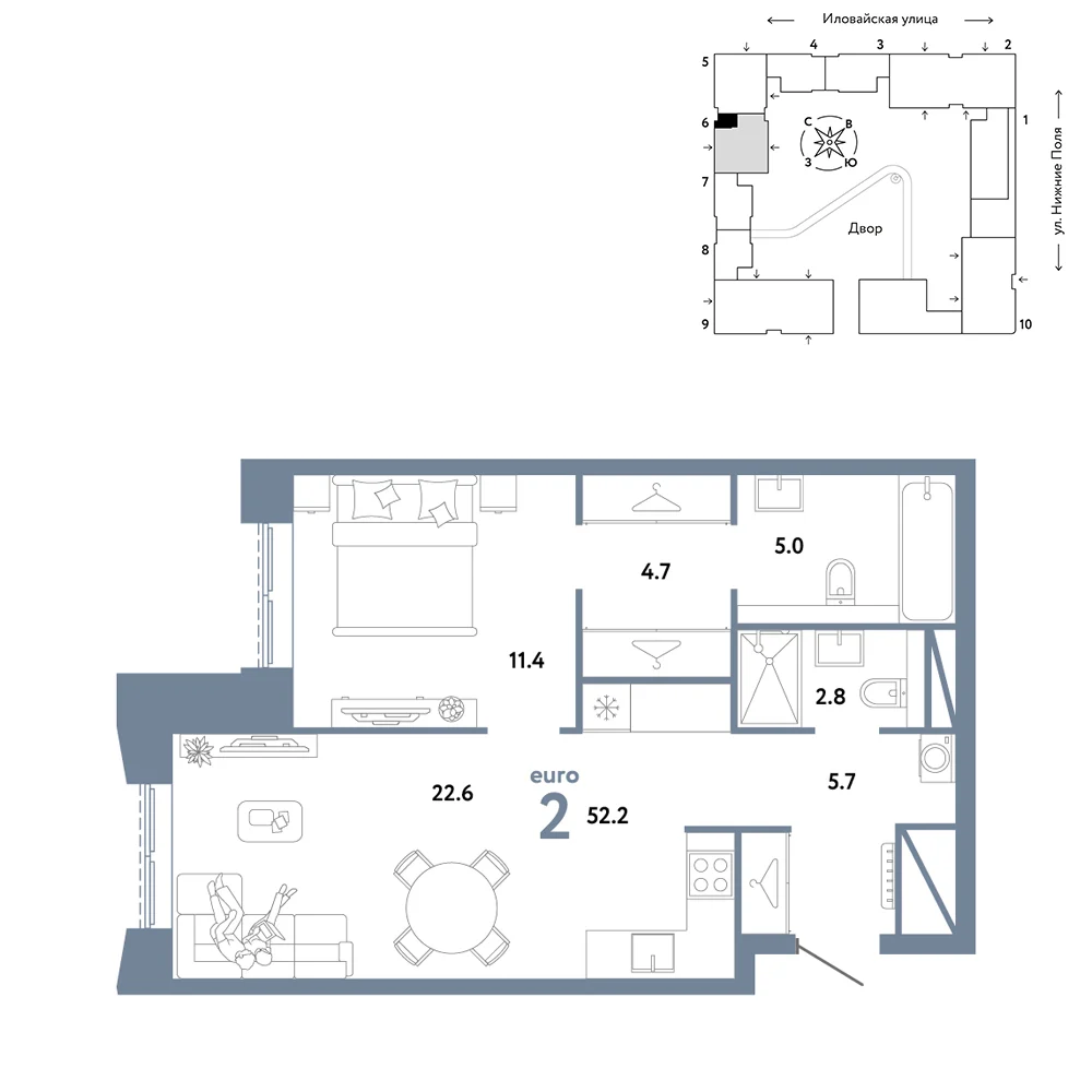 2 комн. Квартира 52.2 кв. м