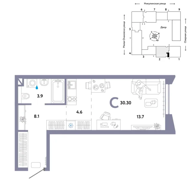 1 комн. Квартира 30.6 кв. м