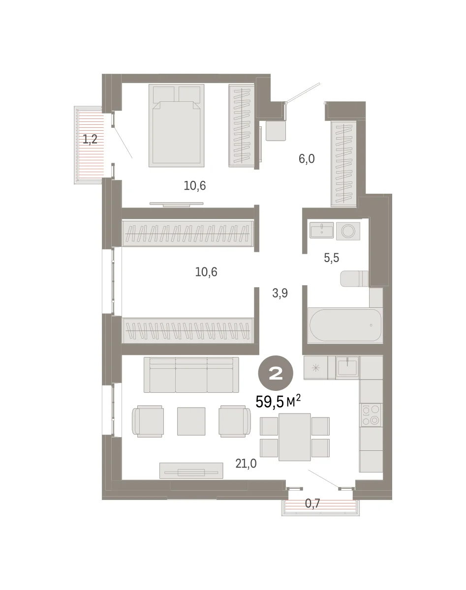 2 комн. Квартира 59.5 кв. м