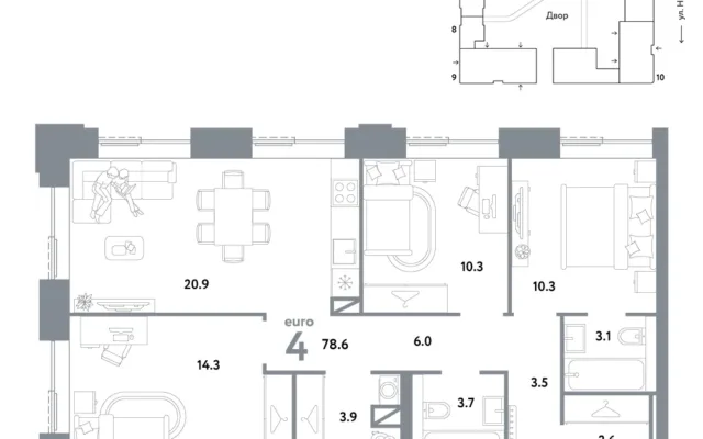 4 комн. Квартира 78.6 кв. м, Москва