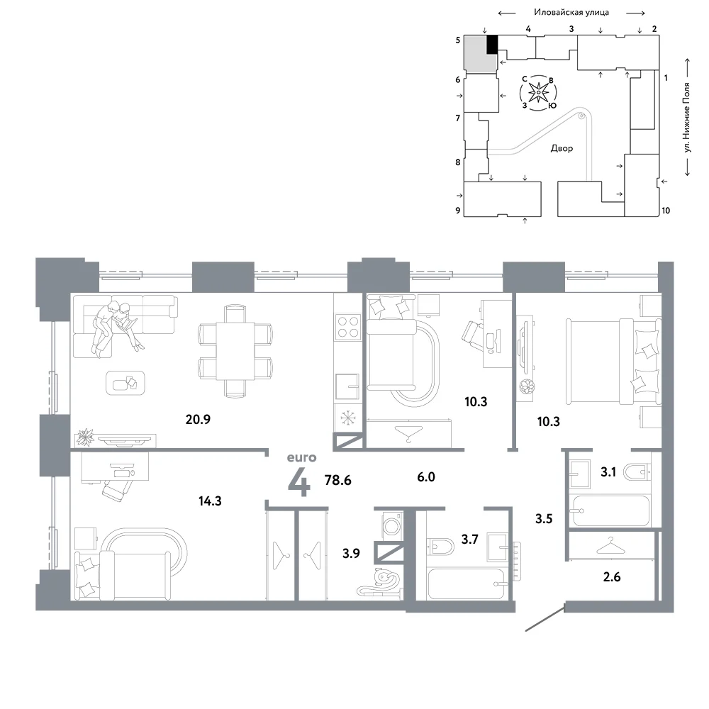 4 комн. Квартира 78.6 кв. м