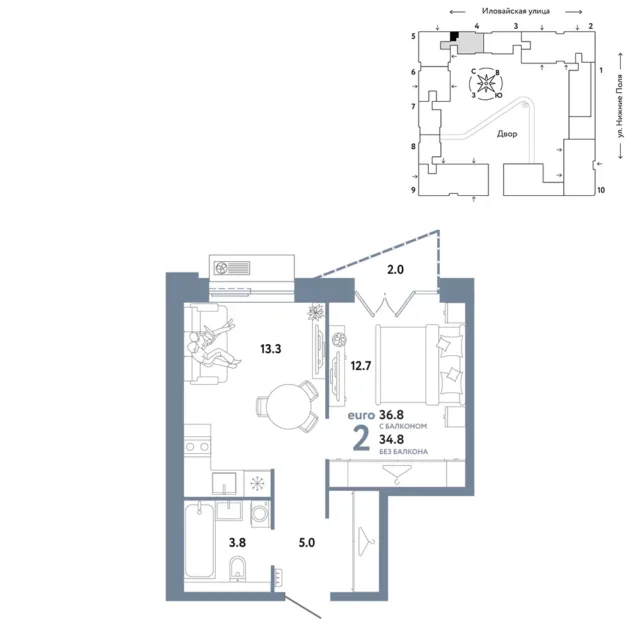 2 комн. Квартира 36.8 кв. м