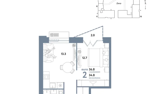 2 комн. Квартира 36.8 кв. м, Москва