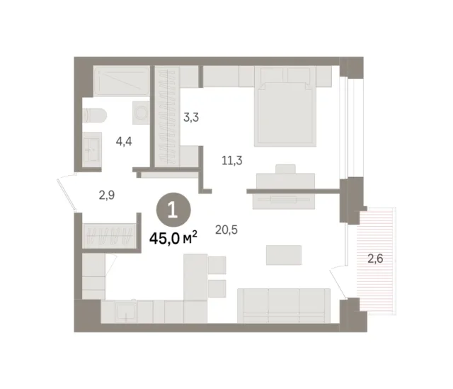 1 комн. Квартира 45 кв. м