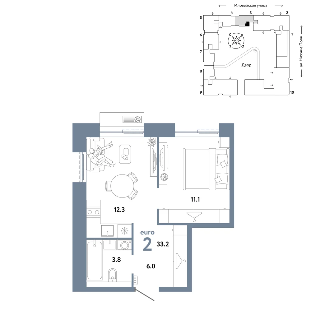 2 комн. Квартира 33.2 кв. м