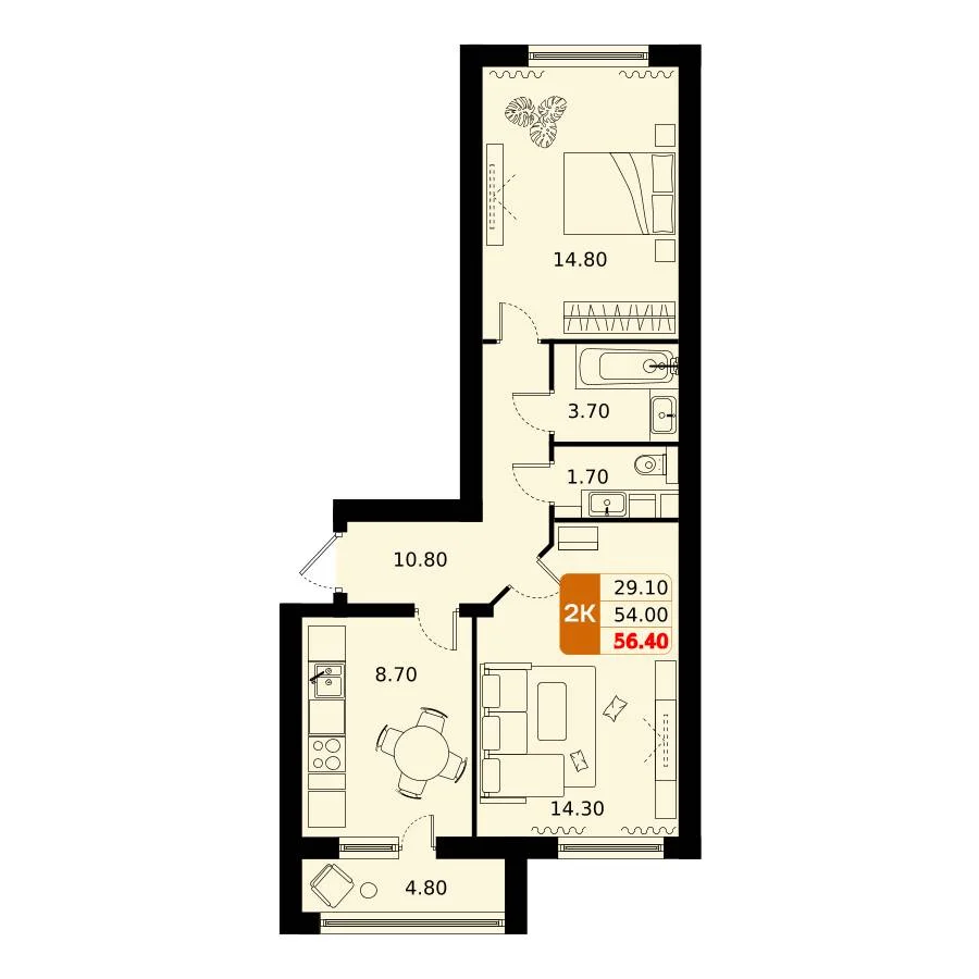 2 комн. Квартира 56.4 кв. м