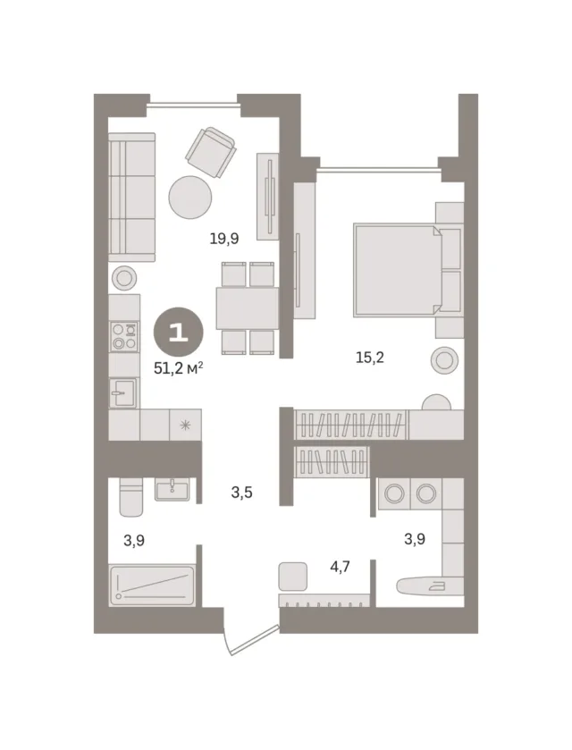 1 комн. Квартира 51.2 кв. м