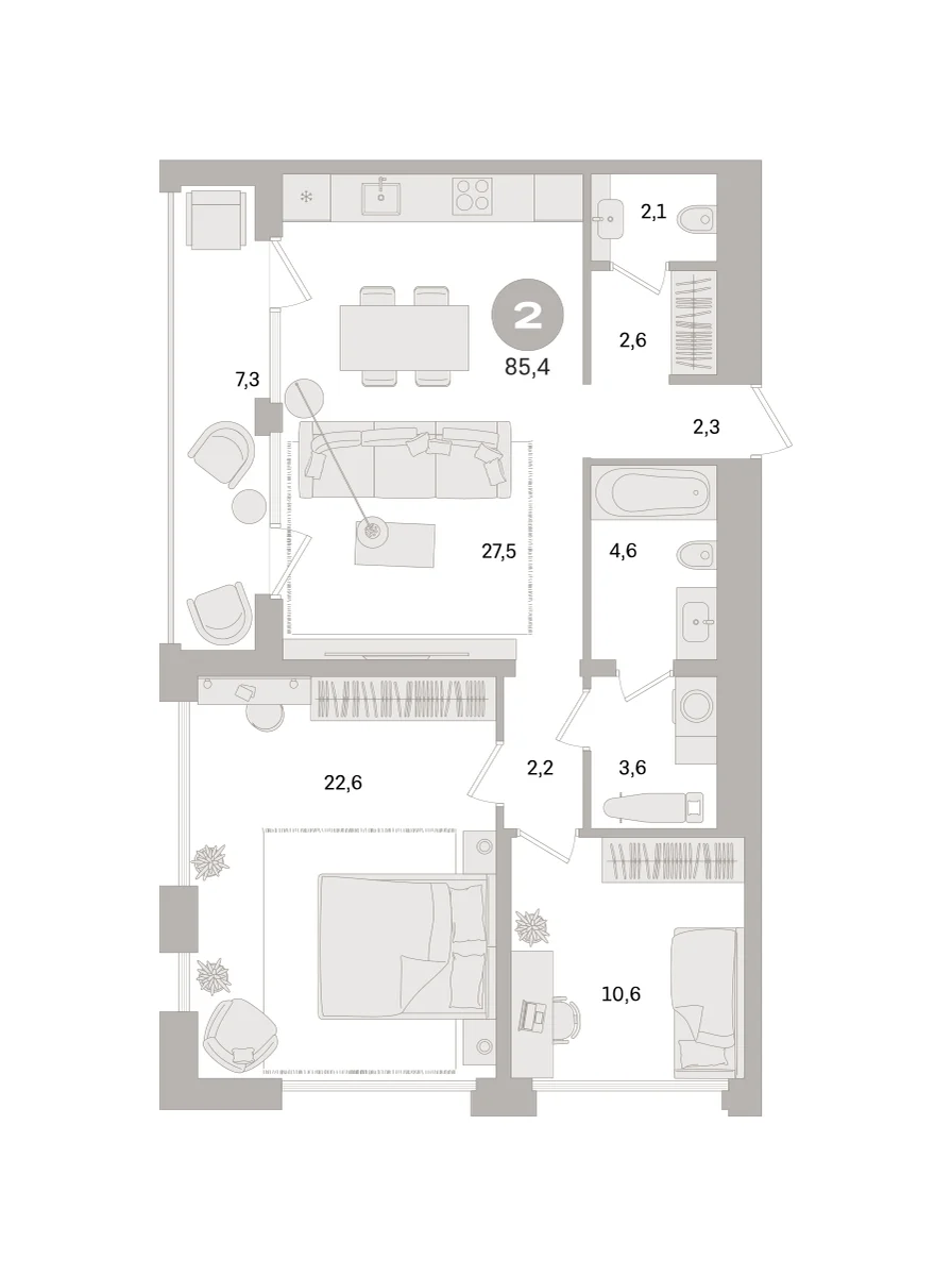 2 комн. Квартира 85.4 кв. м