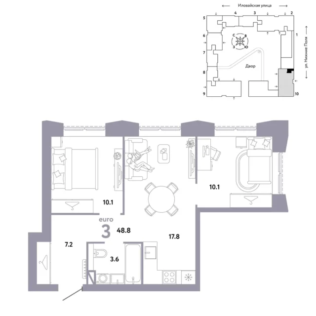 3 комн. Квартира 48.8 кв. м
