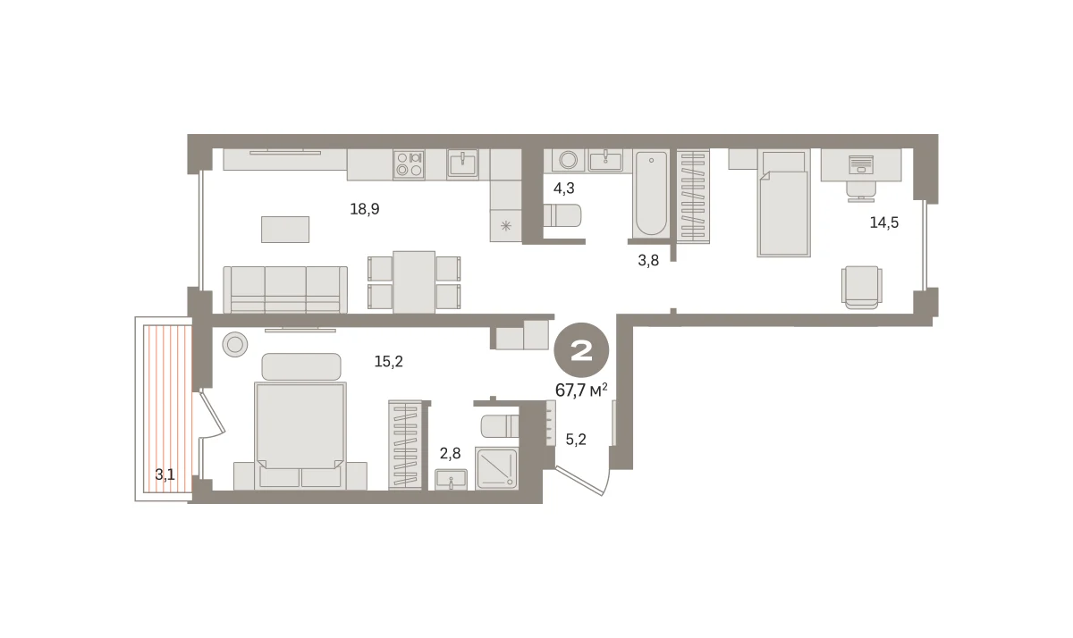 2 комн. Квартира 67.6 кв. м