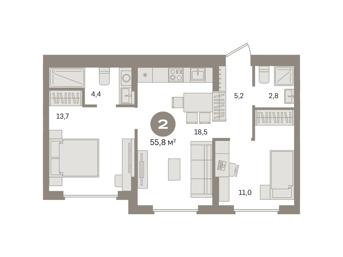 2 комн. Квартира 55.8 кв. м