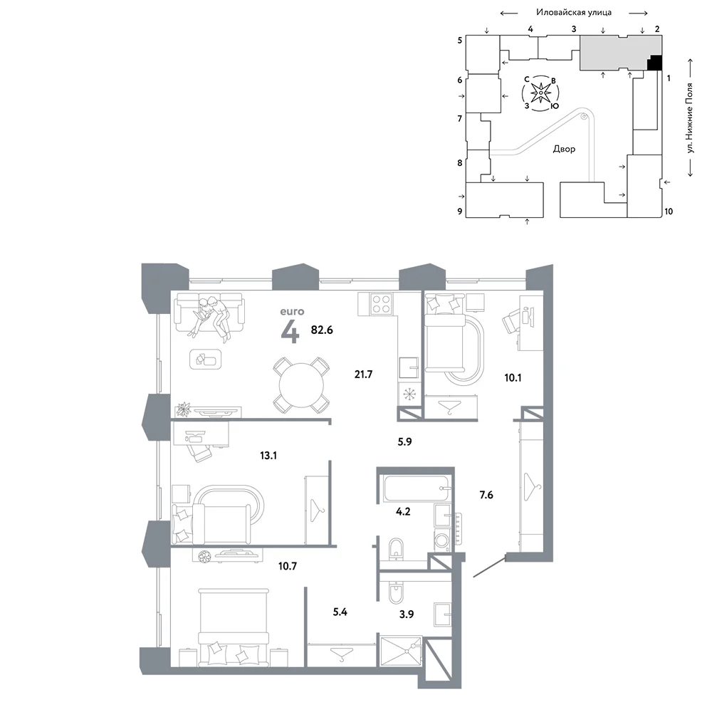 4 комн. Квартира 82.6 кв. м