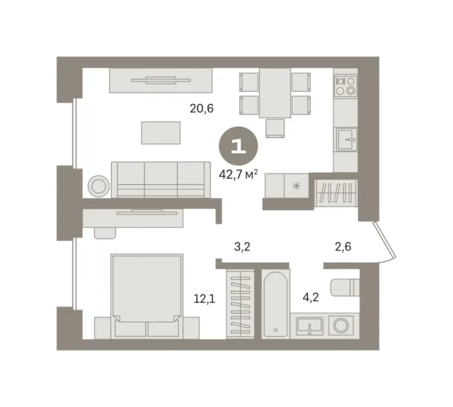 1 комн. Квартира 42.7 кв. м