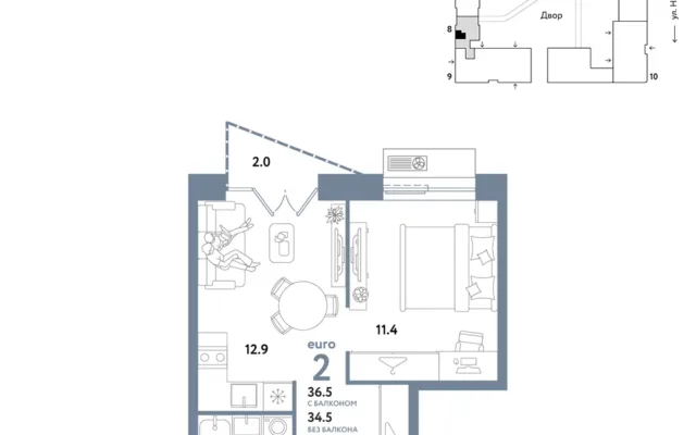 2 комн. Квартира 36.5 кв. м, Москва