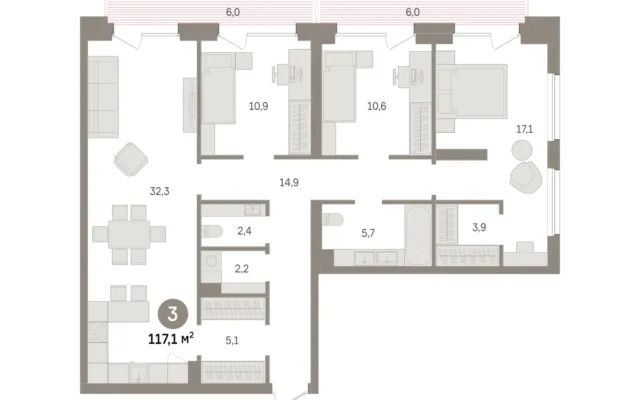 3 комн. Квартира 117.1 кв. м, Московская область Москва