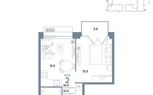 2 комн. Квартира 36 кв. м, Москва