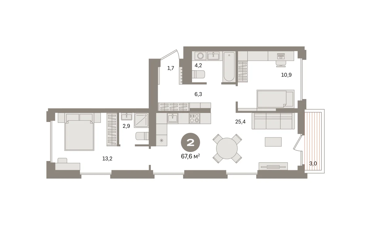 2 комн. Квартира 67.6 кв. м