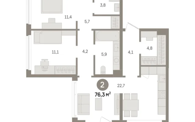 2 комн. Квартира 76.3 кв. м, Московская область Москва