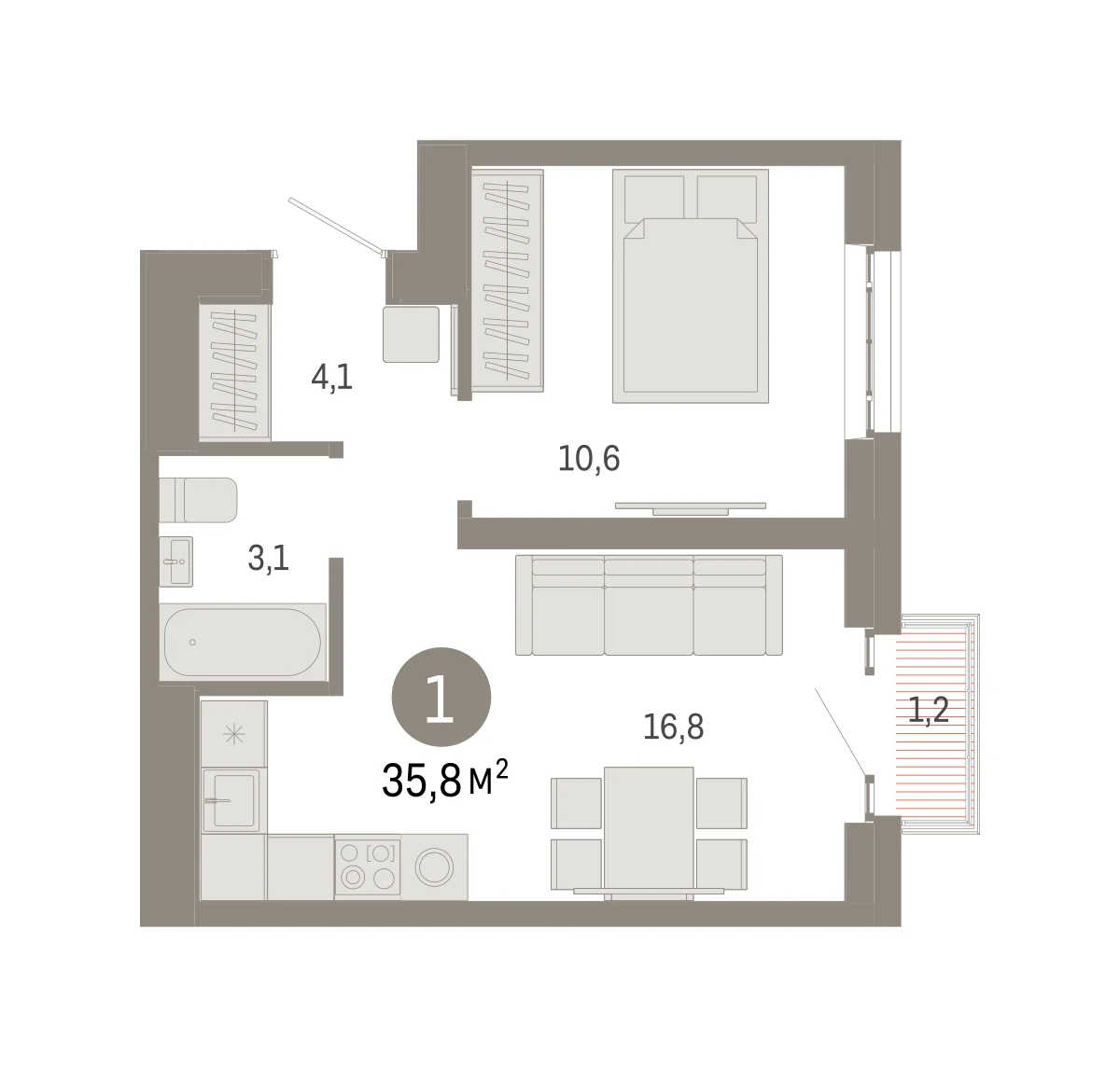 1 комн. Квартира 35.8 кв. м